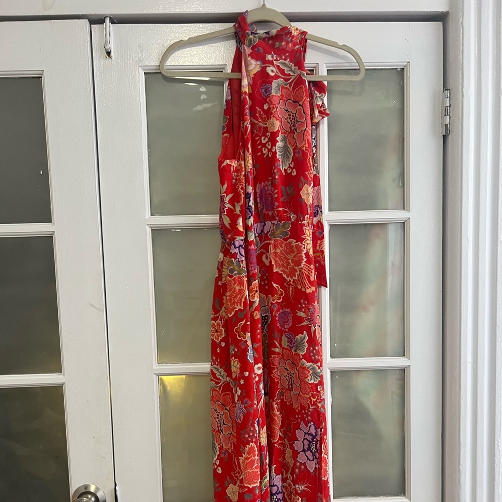 Rixo red halter floral dress